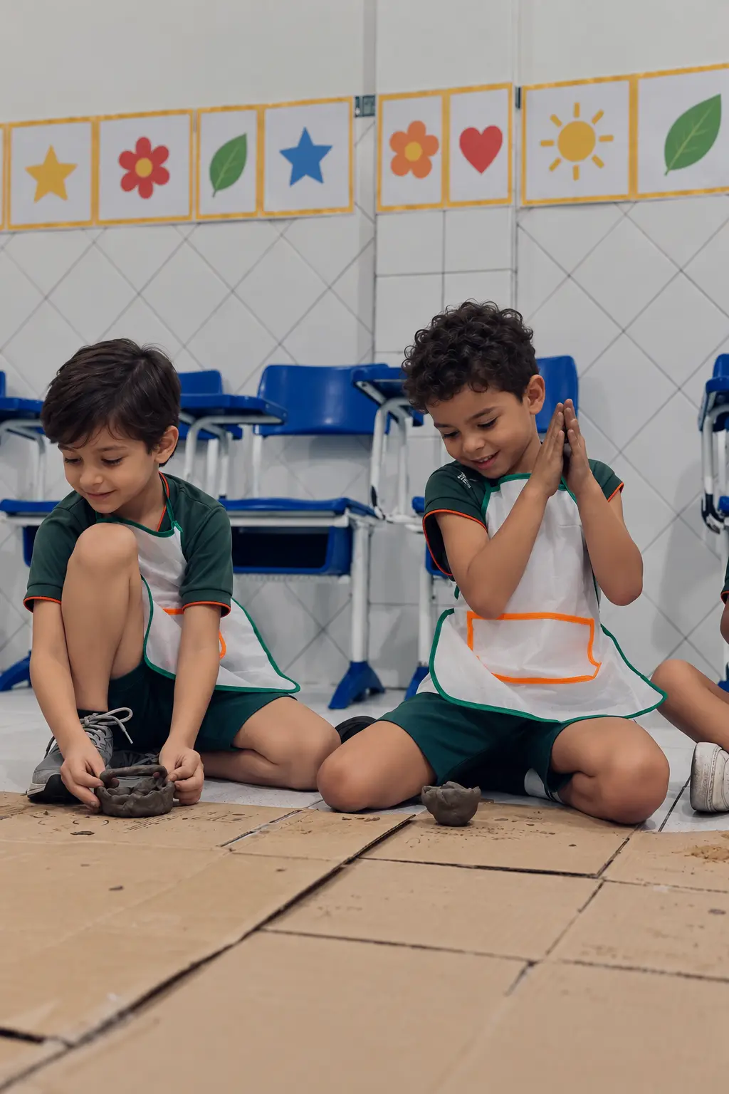 Dois alunos da Educação Infantil do Colégio CEA, de farda verde e avental, modelando argila no chão da sala