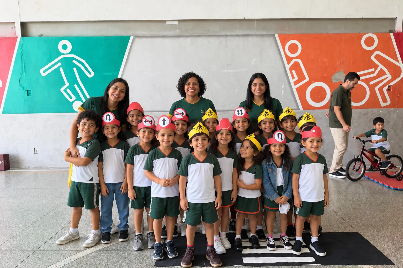 Turma da Educação Infantil do Colégio CEA com as professoras, usando chapéus de placas de trânsito, no pátio da escola